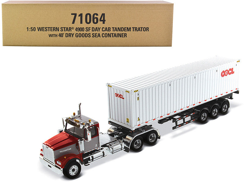 Western Star 4900 SF Tandem Day Cab Truck Tractor Red and Gray with 40' Dry Goods Sea Container "OOCL" White "Transport Series" 1/50 Diecast Model by Diecast Masters Diecast Masters