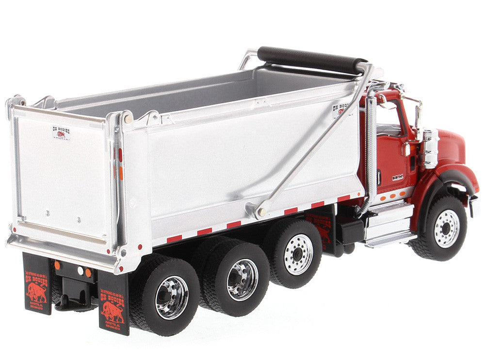 International HX620 Tandem Axle with Pusher Axle OX Stampede Dump Truck Red and Chrome "Transport Series" 1/50 Diecast Model by Diecast Masters Diecast Masters