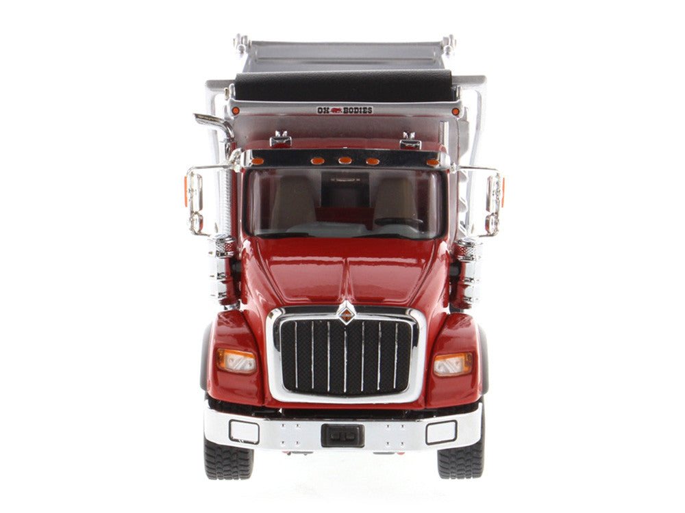 International HX620 Tandem Axle with Pusher Axle OX Stampede Dump Truck Red and Chrome "Transport Series" 1/50 Diecast Model by Diecast Masters Diecast Masters