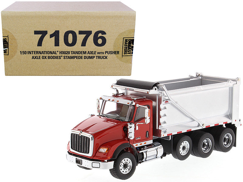 International HX620 Tandem Axle with Pusher Axle OX Stampede Dump Truck Red and Chrome "Transport Series" 1/50 Diecast Model by Diecast Masters Diecast Masters