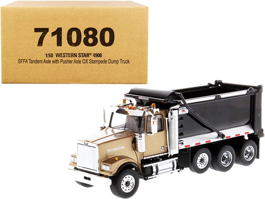 Western Star 4900 SFFA Tandem with Pusher Axle OX Stampede Dump Truck Gold and Black "Transport Series" 1/50 Diecast Model by Diecast Masters