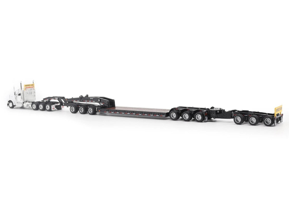 Peterbilt 589 Tridem-Axle Truck Tractor with Day Cab and Trail King TK170 Hydraulic Detachable Gooseneck Lowboy Trailer with Jeep and Booster White "Transport Series" 1/64 Diecast Model by Diecast Masters Diecast Masters