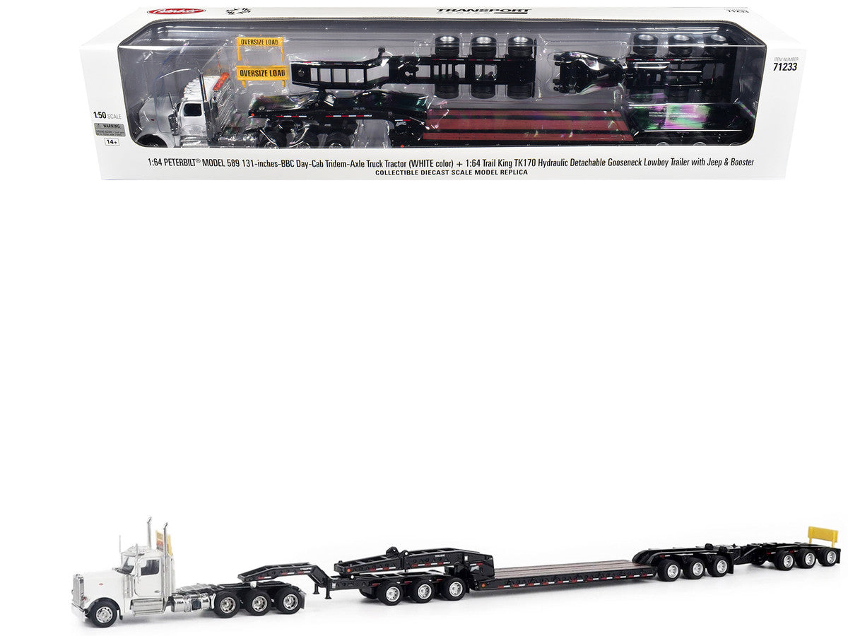 Peterbilt 589 Tridem-Axle Truck Tractor with Day Cab and Trail King TK170 Hydraulic Detachable Gooseneck Lowboy Trailer with Jeep and Booster White "Transport Series" 1/64 Diecast Model by Diecast Masters Diecast Masters