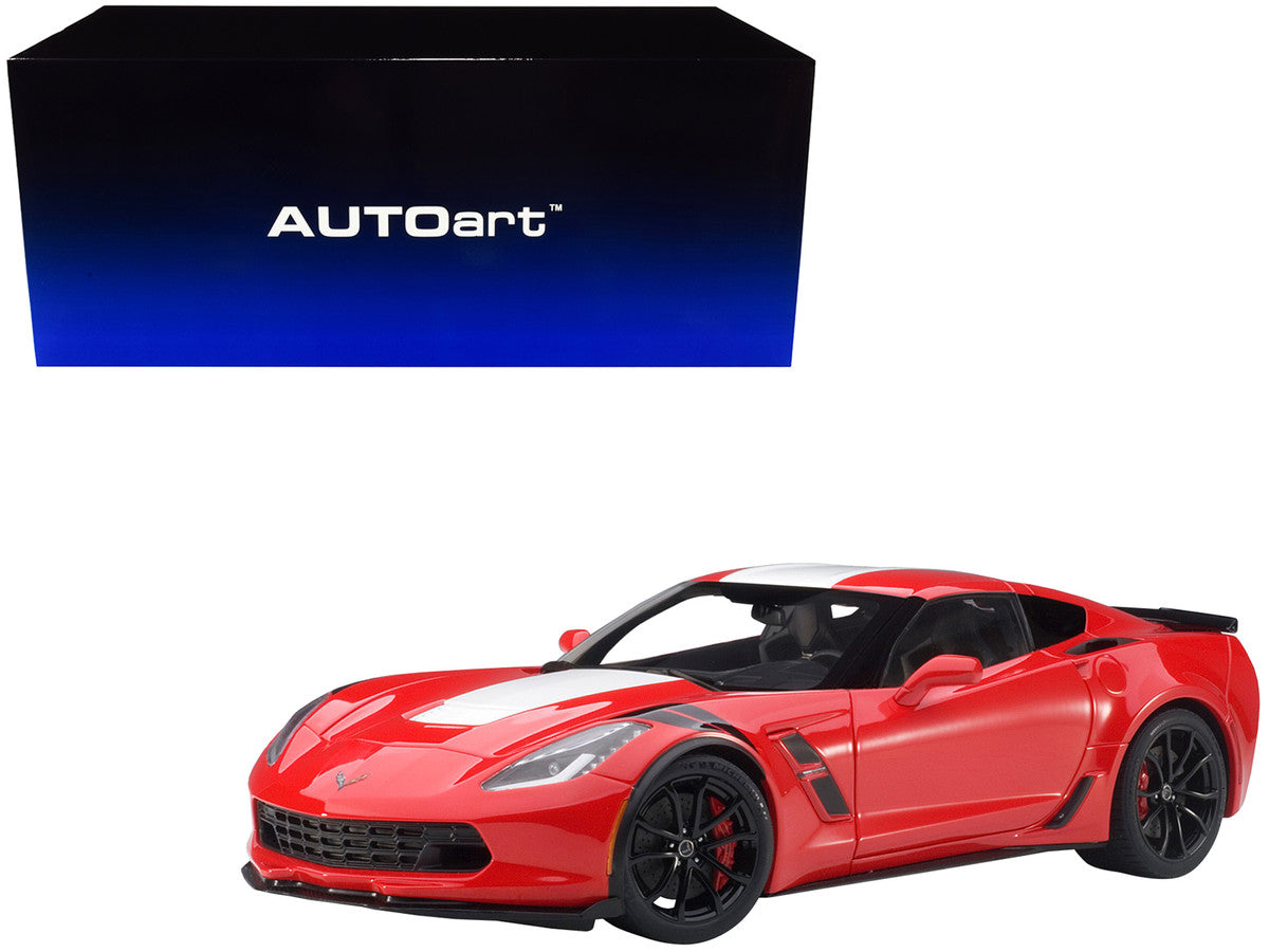 2017 Chevrolet Corvette C7 Grand Sport Red with White Stripe and Black Fender Hash Marks 1/18 Model Car by Autoart Autoart