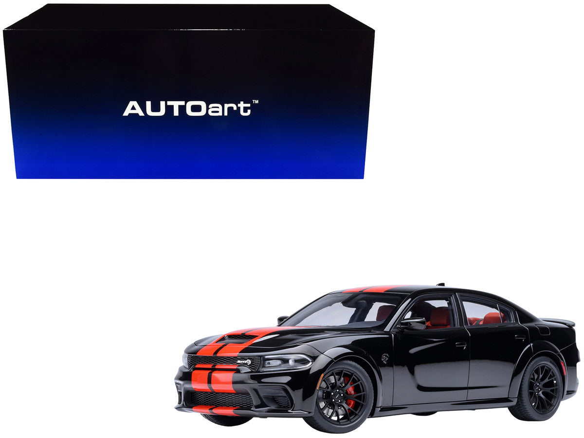 Dodge Charger SRT Hellcat Redeye Pitch Black with Red Stripes and Interior 1/18 Model Car by Autoart Autoart