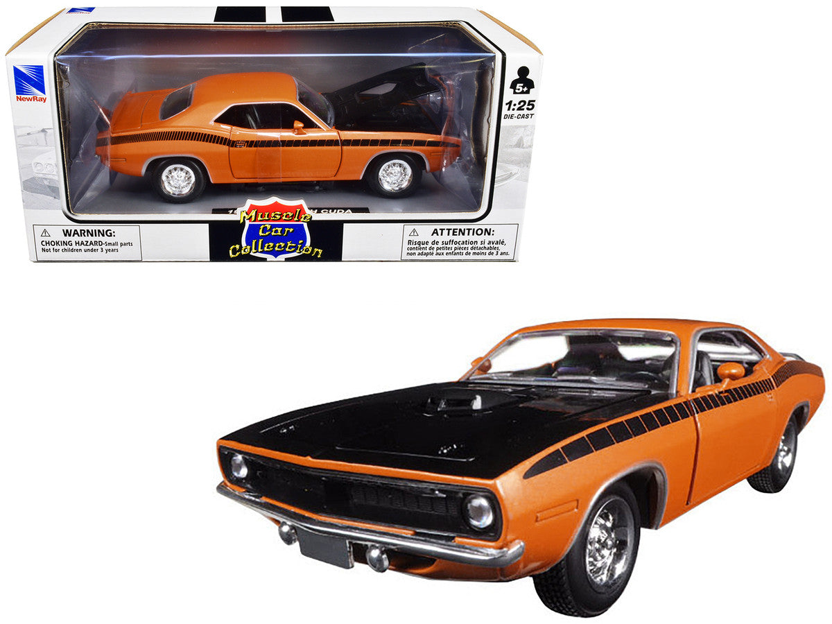 1970 Plymouth Cuda Orange with Black Hood and Stripes 1/25 Diecast Model Car by New Ray New Ray