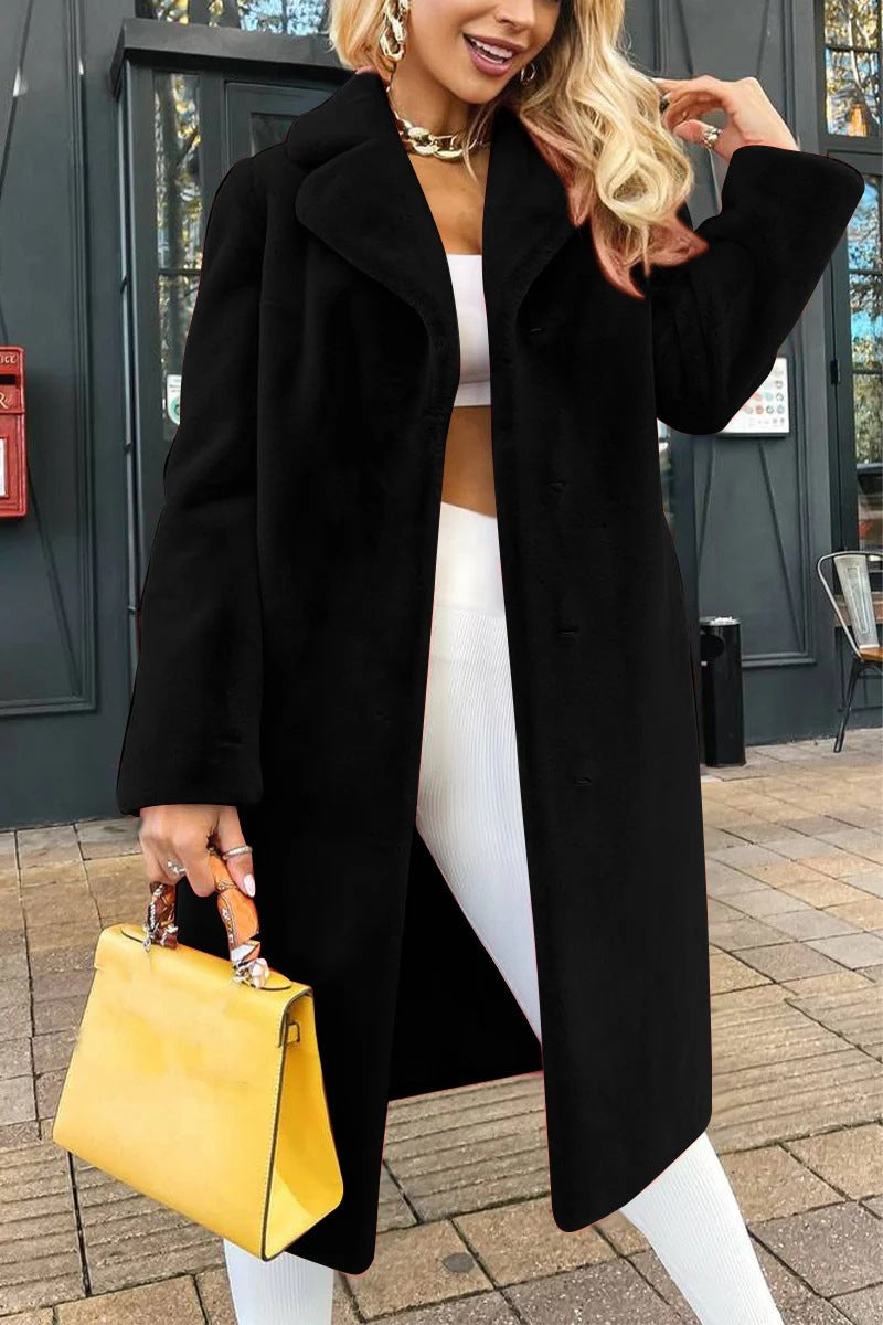 Women's Fashionable Elegant Lace-up Turn-down Collar Plush Long Coat Accent Plus