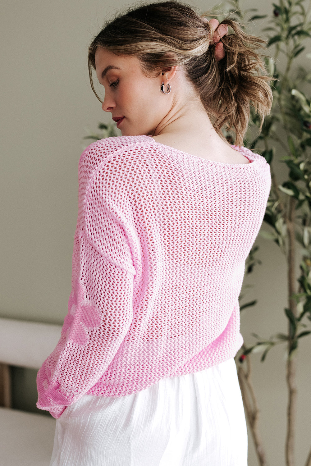 Dulce Big Flower Hollowed Knit Drop Shoulder Sweater Threaded Pear