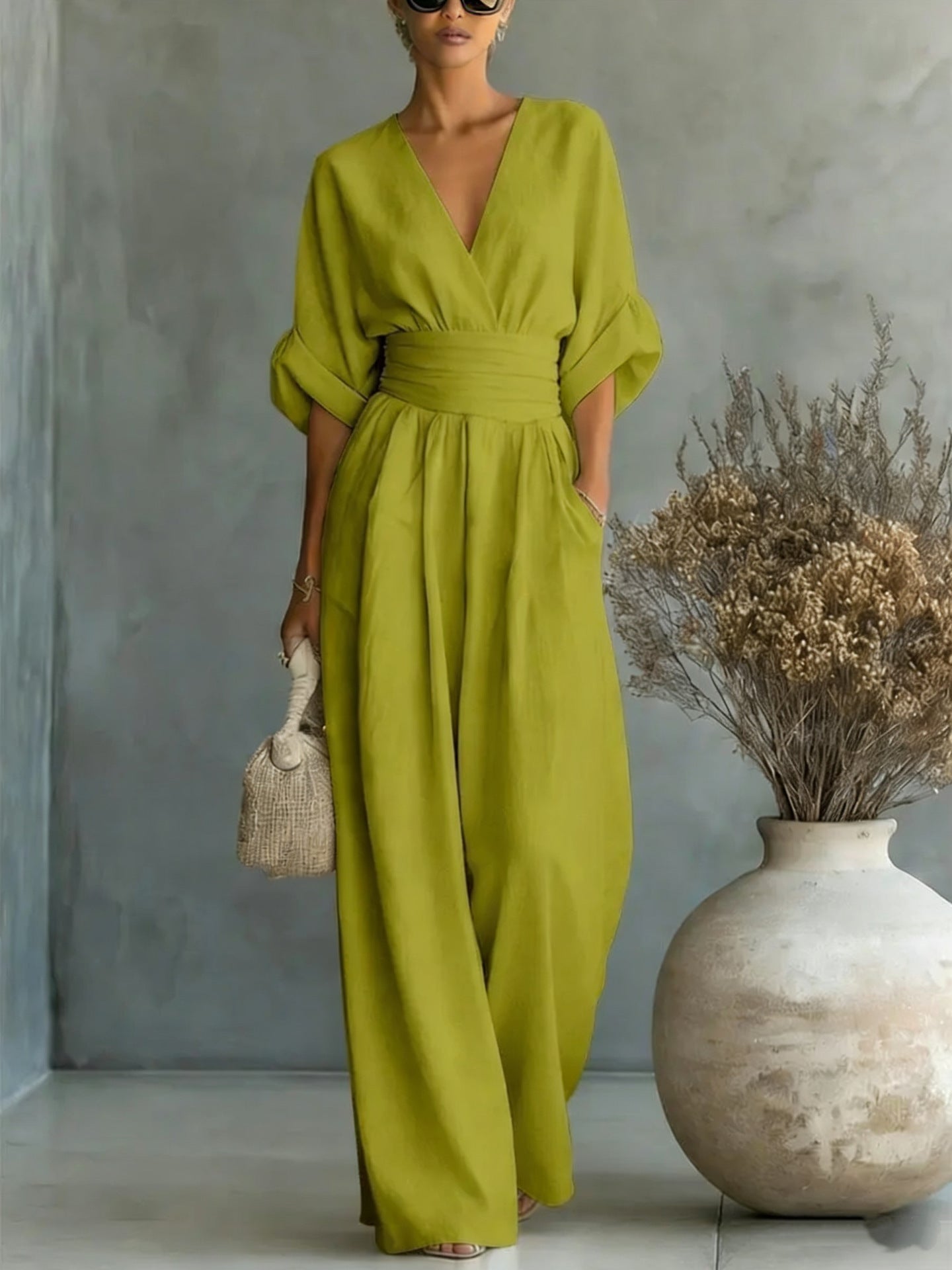 Summer Short-sleeved Jumpsuit Fashion Casual V-Neck Wide-Leg Pants Womens Clothing LadyShow.Store