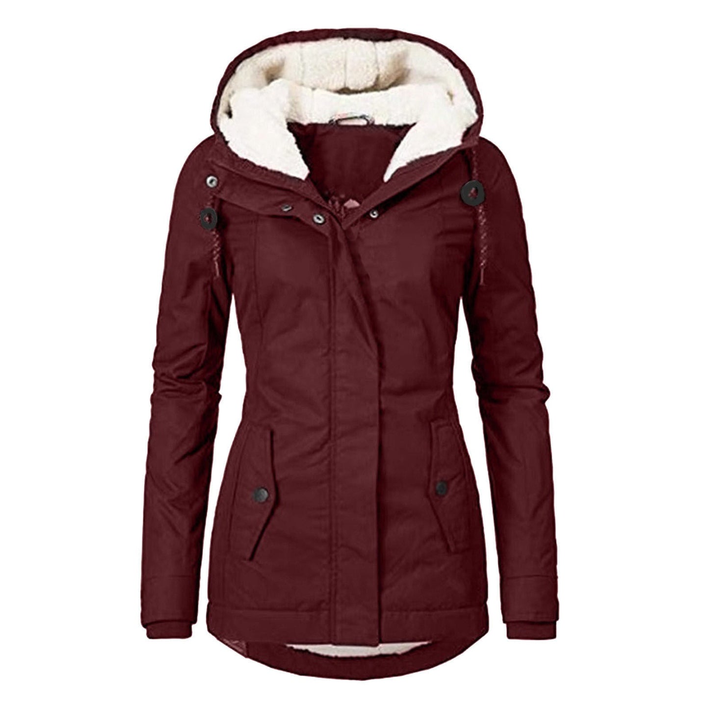 Winter Hooded Jacket Solid Color Warm Buckle Zip-up Fleece Jacket With Pockets Women's Casual Jacket Best YouTube Store
