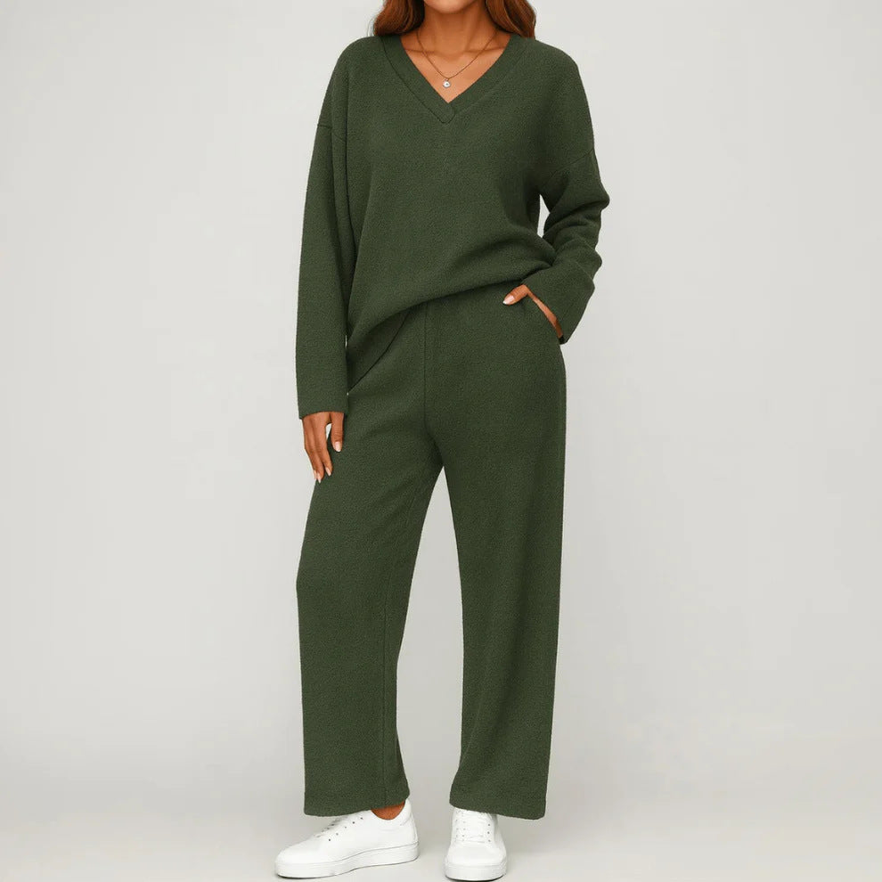 V-neck Wool Loose Pockets Leisure Suit Two-piece Pajamas LadyShow.Store