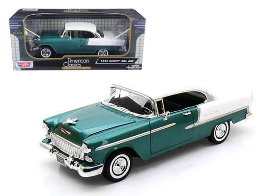1955 Chevrolet Bel Air Hard Top Green Metallic and White 1/18 Diecast Model Car by Motormax Motormax