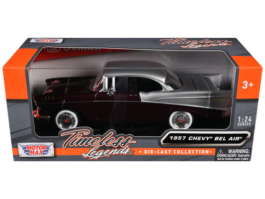 1957 Chevrolet Bel Air Burgundy Metallic and Silver Metallic "Timeless Legends" Series 1/24 Diecast Model Car by Motormax Motormax