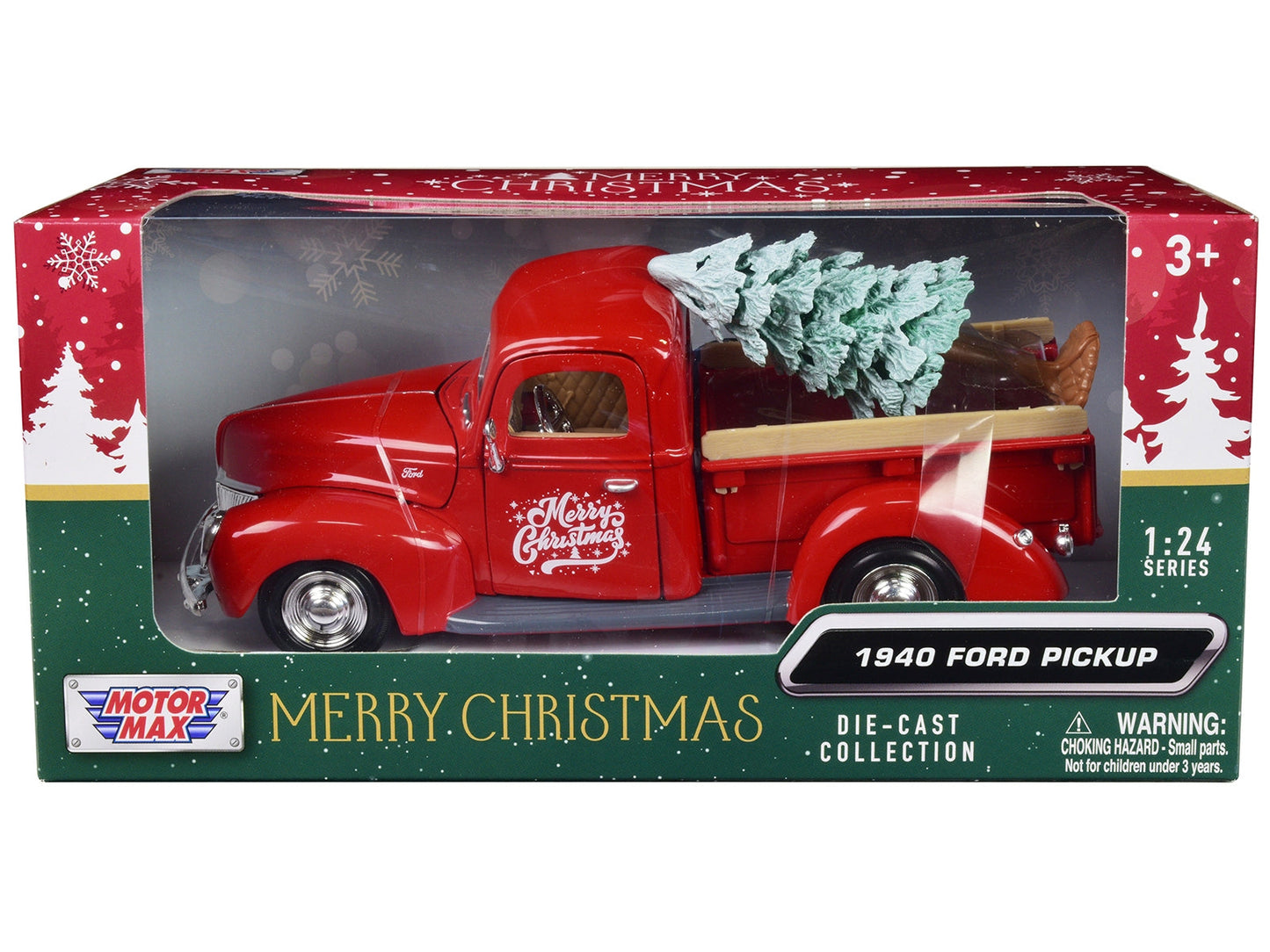1940 Ford Pickup Truck Red "Merry Christmas" with Tree Accessory 1/24 Diecast Model Car by Motormax W2B