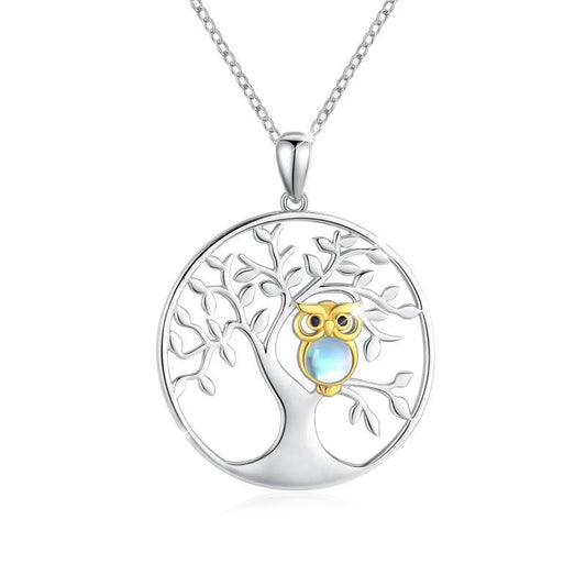 Tree of Life with Moonstone Owl Clearance Pendant Necklace in 925 Sterling Silver LadyShow.Store
