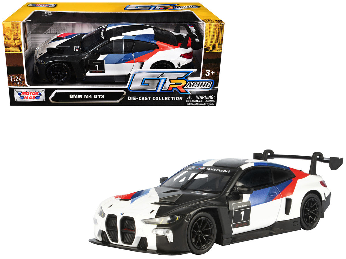 BMW M4 GT3 #1 White with Black Blue and Red Graphics "GT Racing" Series 1/24 Diecast Model Car by Motormax Motormax