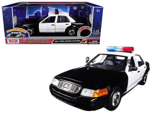 2001 Ford Crown Victoria Police Car Plain Black & White with Flashing Light Bar & Front and Rear Lights and Sound 1/18 Diecast Model Car by Motormax Motormax