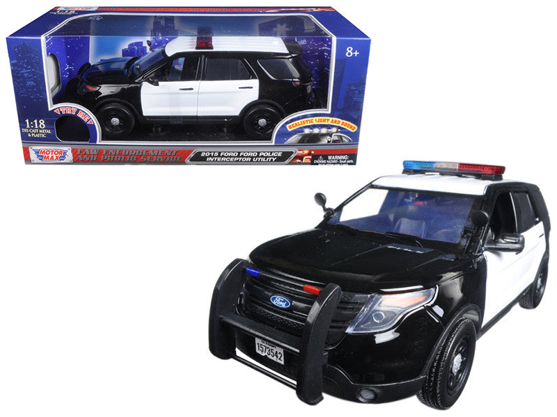 2015 Ford Police Interceptor Utility Black and White with Flashing Light Bar and Front and Rear Lights and 2 Sounds 1/18 Diecast Model Car by Motormax Motormax