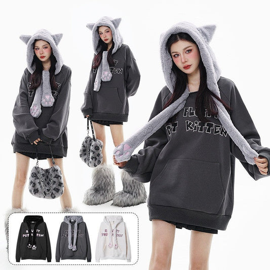Fleece-lined Hooded Loose Pullover Sweatershirt LadyShow.Store