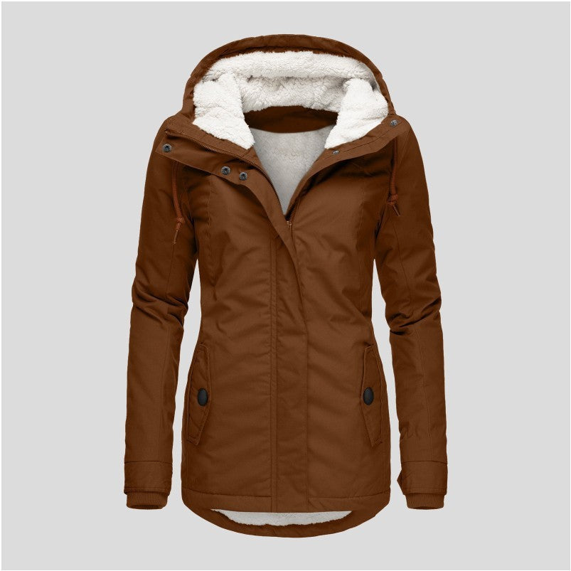 Winter Hooded Jacket Solid Color Warm Buckle Zip-up Fleece Jacket With Pockets Women's Casual Jacket Best YouTube Store