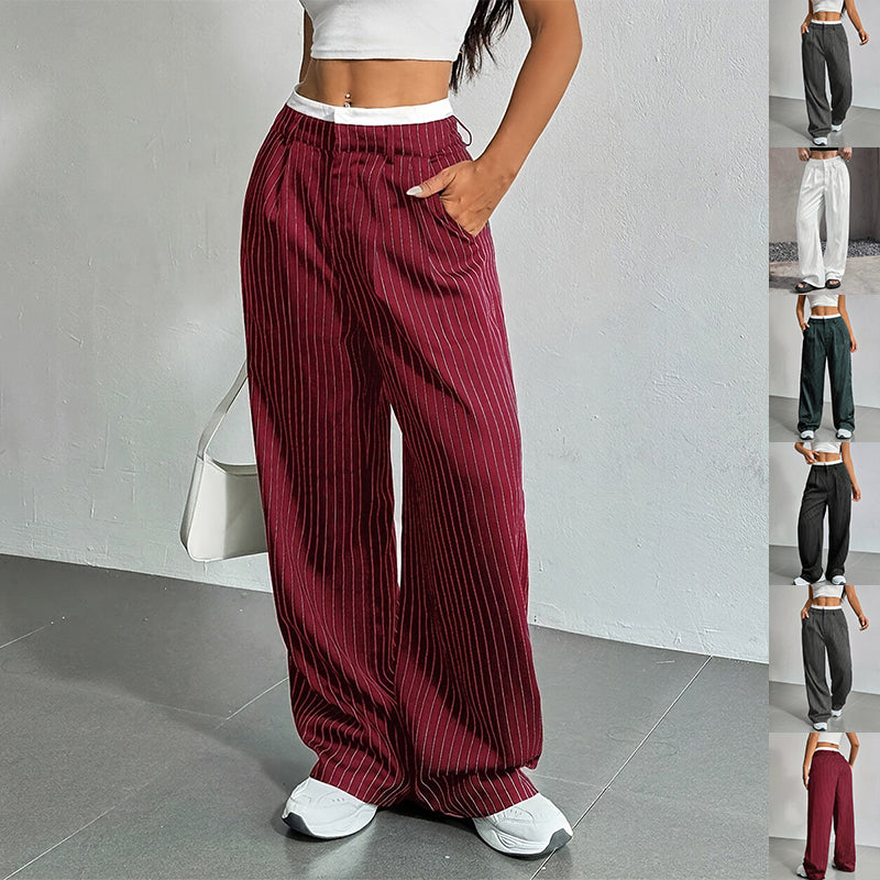 Stripe Printed Trousers Fashion High Waist Straight Leg Pants With Pocket Zipper Casual Suit Pants For Women LadyShow.Store