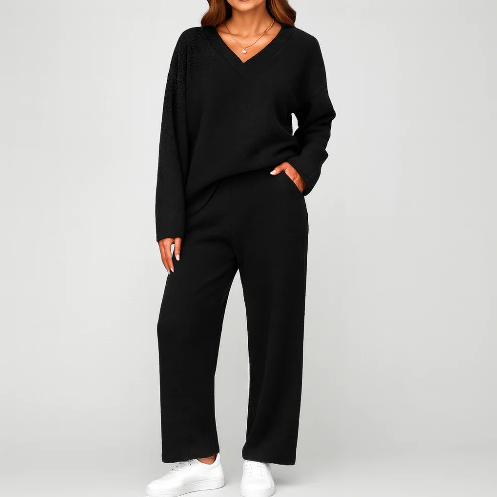 V-neck Wool Loose Pockets Leisure Suit Two-piece Pajamas LadyShow.Store