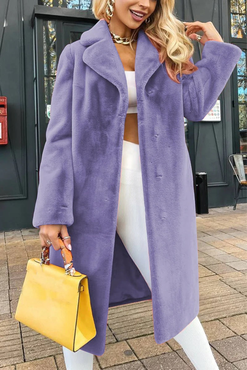 Women's Fashionable Elegant Lace-up Turn-down Collar Plush Long Coat Accent Plus
