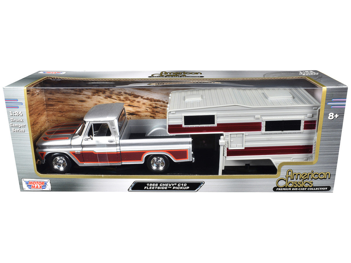 1966 Chevrolet C10 Fleetside Pickup Truck Silver Metallic with Brown Sides with Camper Shell "American Classics" Series 1/24 Diecast Model Car by Motormax Motormax
