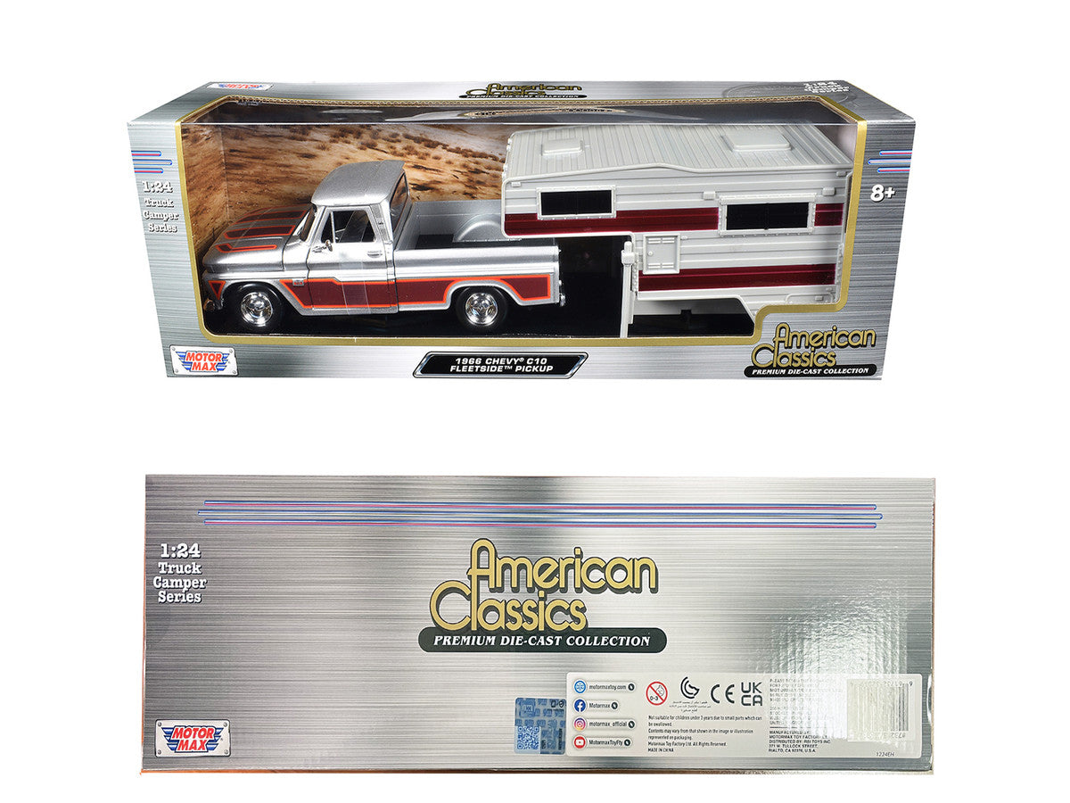 1966 Chevrolet C10 Fleetside Pickup Truck Silver Metallic with Brown Sides with Camper Shell "American Classics" Series 1/24 Diecast Model Car by Motormax Motormax