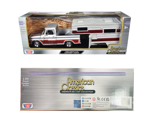 1966 Chevrolet C10 Fleetside Pickup Truck Silver Metallic with Brown Sides with Camper Shell "American Classics" Series 1/24 Diecast Model Car by Motormax Motormax