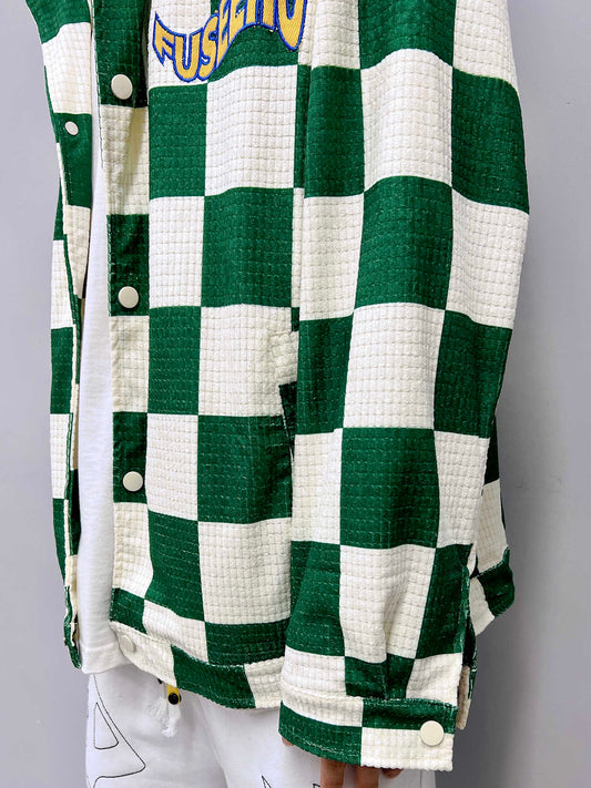 Retro Green Plaid Lapel Jacket - Loose Fit Printed Polyester Casual Coat LadyShow.Store