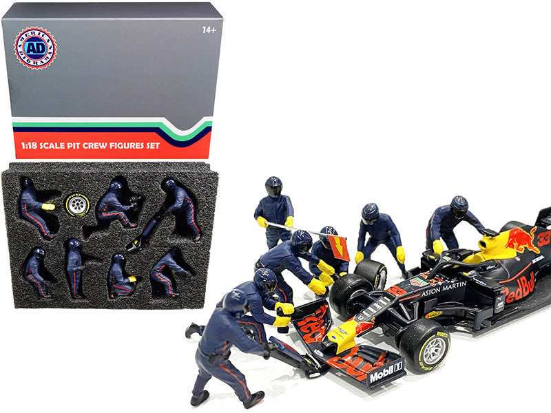 Formula One F1 Pit Crew 7 Figurine Set Team Blue for 1/18 Scale Models by American Diorama American Diorama