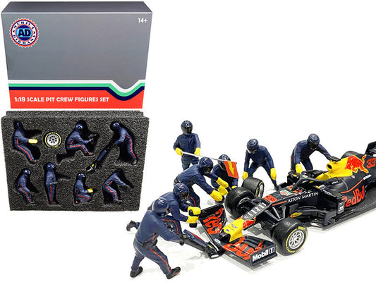 Formula One F1 Pit Crew 7 Figurine Set Team Blue for 1/18 Scale Models by American Diorama American Diorama