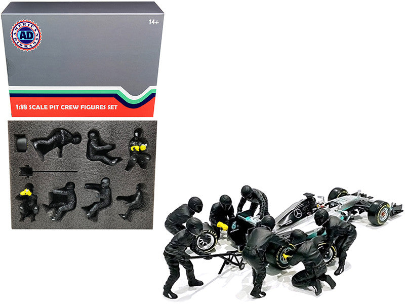 Formula One F1 Pit Crew 7 Figurine Set Team Black Release II for 1/18 Scale Models by American Diorama American Diorama