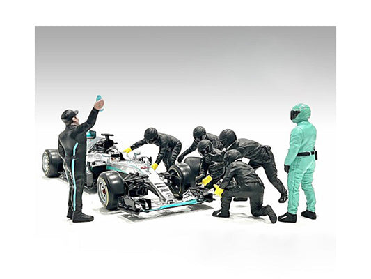 Formula One F1 Pit Crew 7 Figure Set Team Black Release III for 1/18 Scale Models by American Diorama American Diorama
