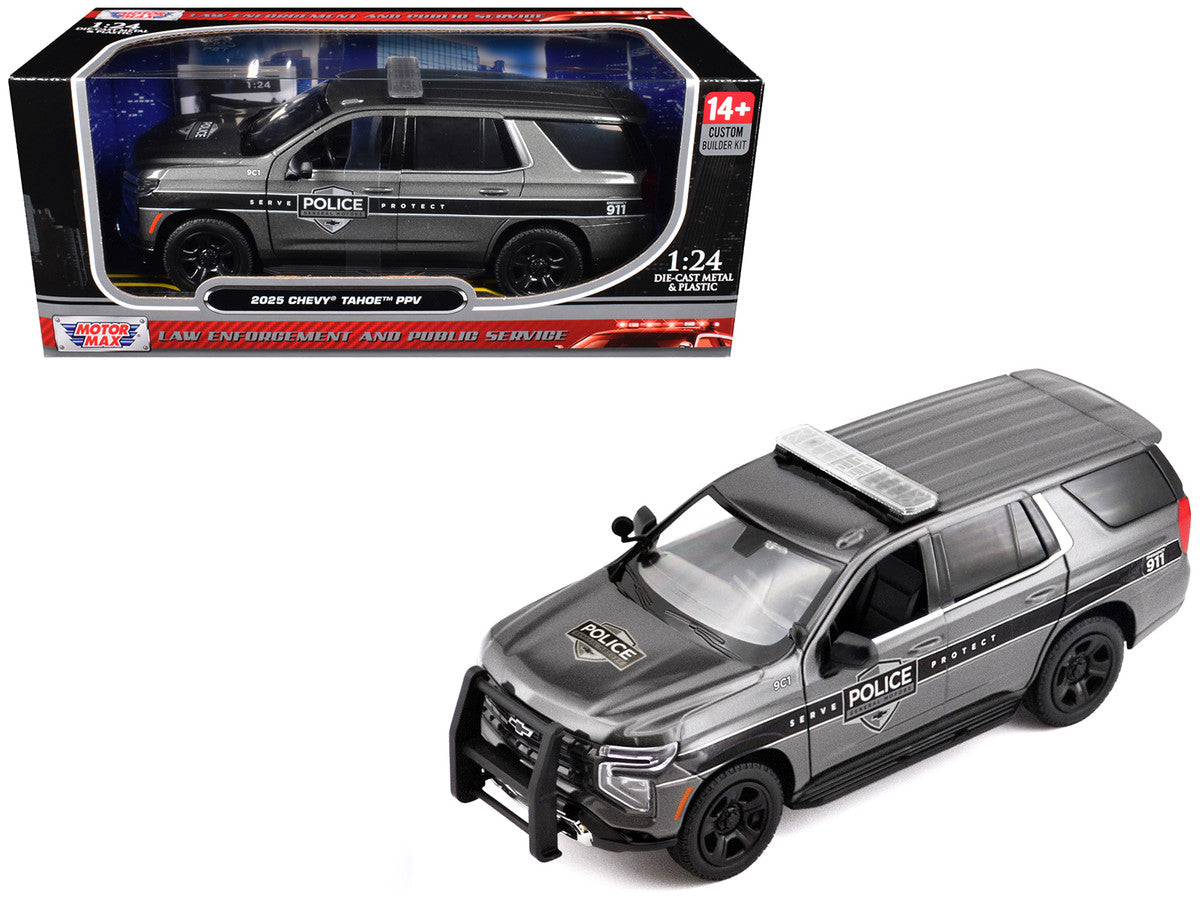 2025 Chevrolet Tahoe PPV "General Motors Police" Gray Metallic "Custom Builder's Kit - Law Enforcement and Public Service" Series 1/24 Diecast Model Car by Motormax Motormax