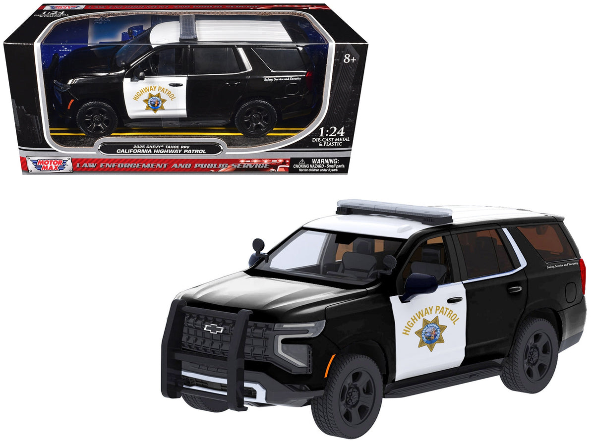 2025 Chevrolet Tahoe Police Pursuit Vehicle "California Highway Patrol" Black and White "Law Enforcement and Public Service" Series 1/24 Diecast Model Car by Motormax W2B