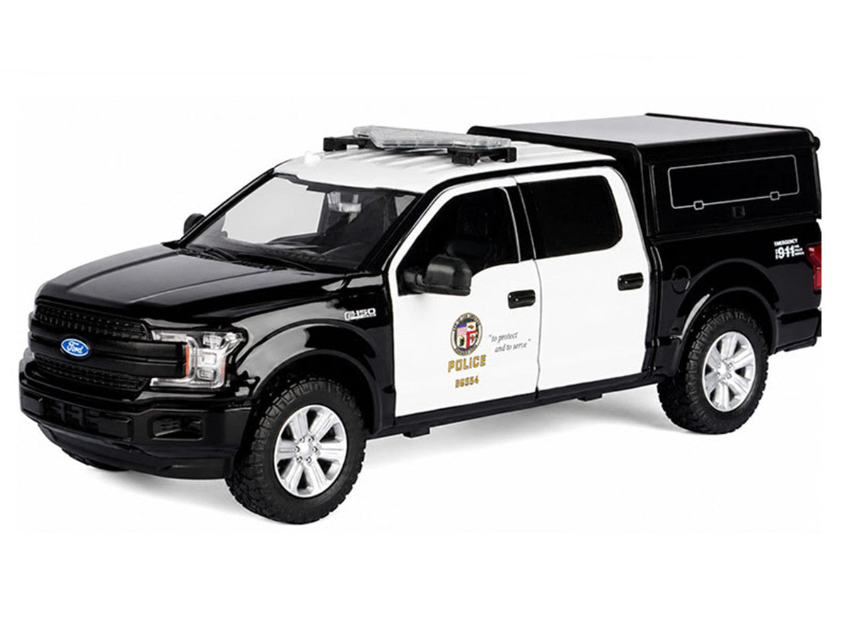 2019 Ford F-150 Lariat Crew Cab Pickup Truck with Camper "Los Angeles Police Department" Black and White "Law Enforcement and Public Service" Series 1/24-1/27 Diecast Model Car by Motormax Motormax