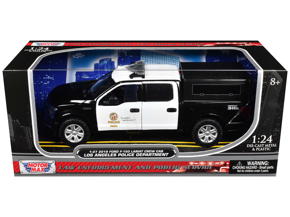 2019 Ford F-150 Lariat Crew Cab Pickup Truck with Camper "Los Angeles Police Department" Black and White "Law Enforcement and Public Service" Series 1/24-1/27 Diecast Model Car by Motormax Motormax