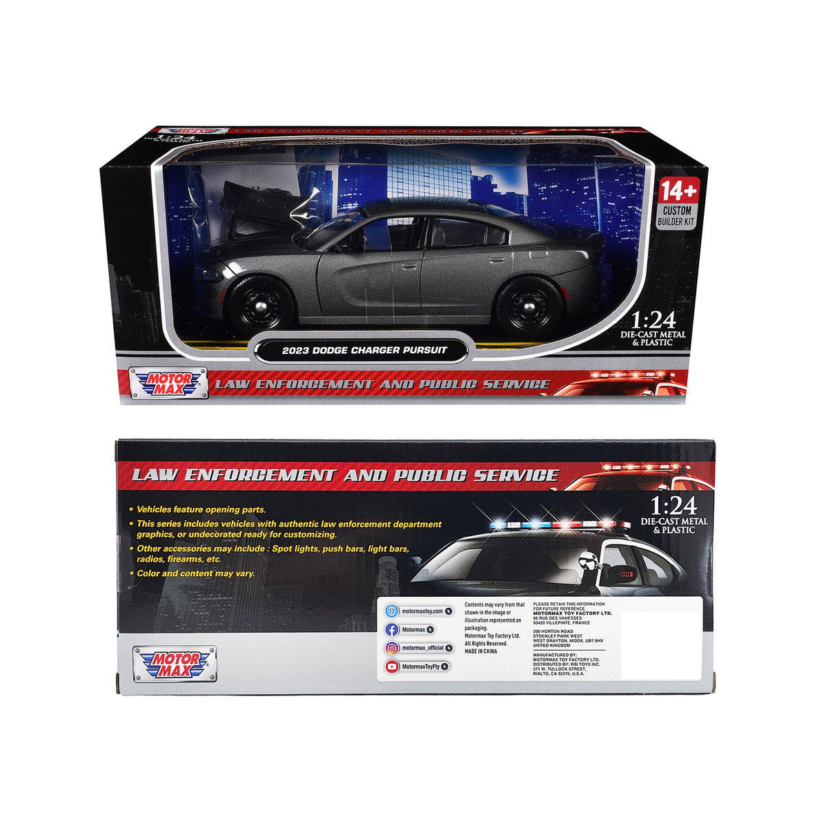 2023 Dodge Charger Pursuit Police Car Gray Metallic "Custom Builder's Kit - Law Enforcement and Public Service" Series 1/24 Diecast Model Car by Motormax Motormax