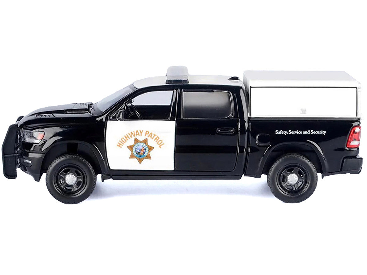 2019 RAM 1500 Laramine Crew Cab Pickup Truck "California Highway Patrol" Black and White with Truck Bed Camper "Law Enforcement and Public Service" Series 1/27 Diecast Model Car by Motormax Motormax
