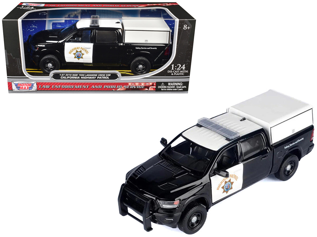2019 RAM 1500 Laramine Crew Cab Pickup Truck "California Highway Patrol" Black and White with Truck Bed Camper "Law Enforcement and Public Service" Series 1/27 Diecast Model Car by Motormax Motormax