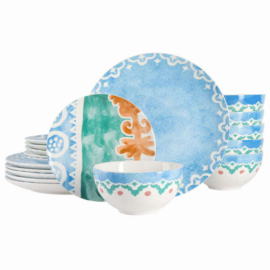 Spice by Tia Mowry Savory Saffron 18 Piece Round Fine Ceramic Dinnerware Set in Golden Blue W2B
