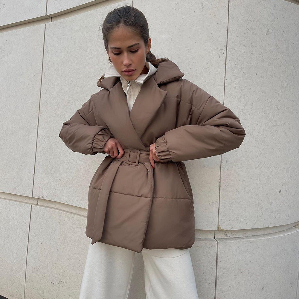 New Thickened Slimming Cinched Cotton-padded Coat Solid Color Belt Cotton Coat Jacket LadyShow.Store
