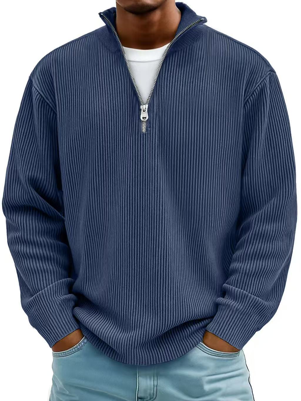 Corduroy Zipper Stand Collar Sweatshirt Fashion Warm Solid Color Long Sleeve Top Men's Casual Polo Shirt Clothing Best YouTube Store