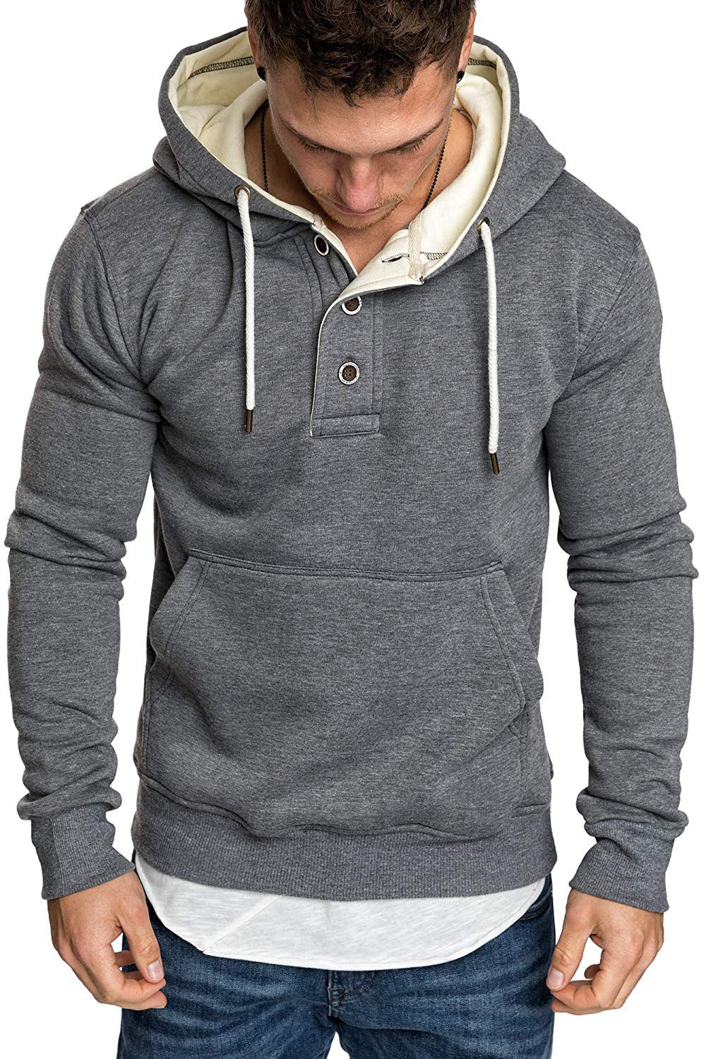 Button-trimmed hooded fleece sweatshirt Best YouTube Store