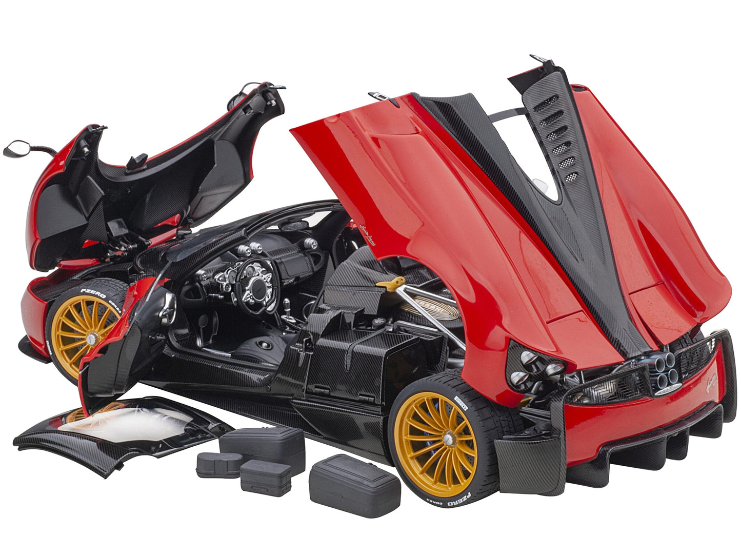 Pagani Huayra Roadster Rosso Monza Red and Carbon with Luggage Set 1/18 Model Car by Autoart