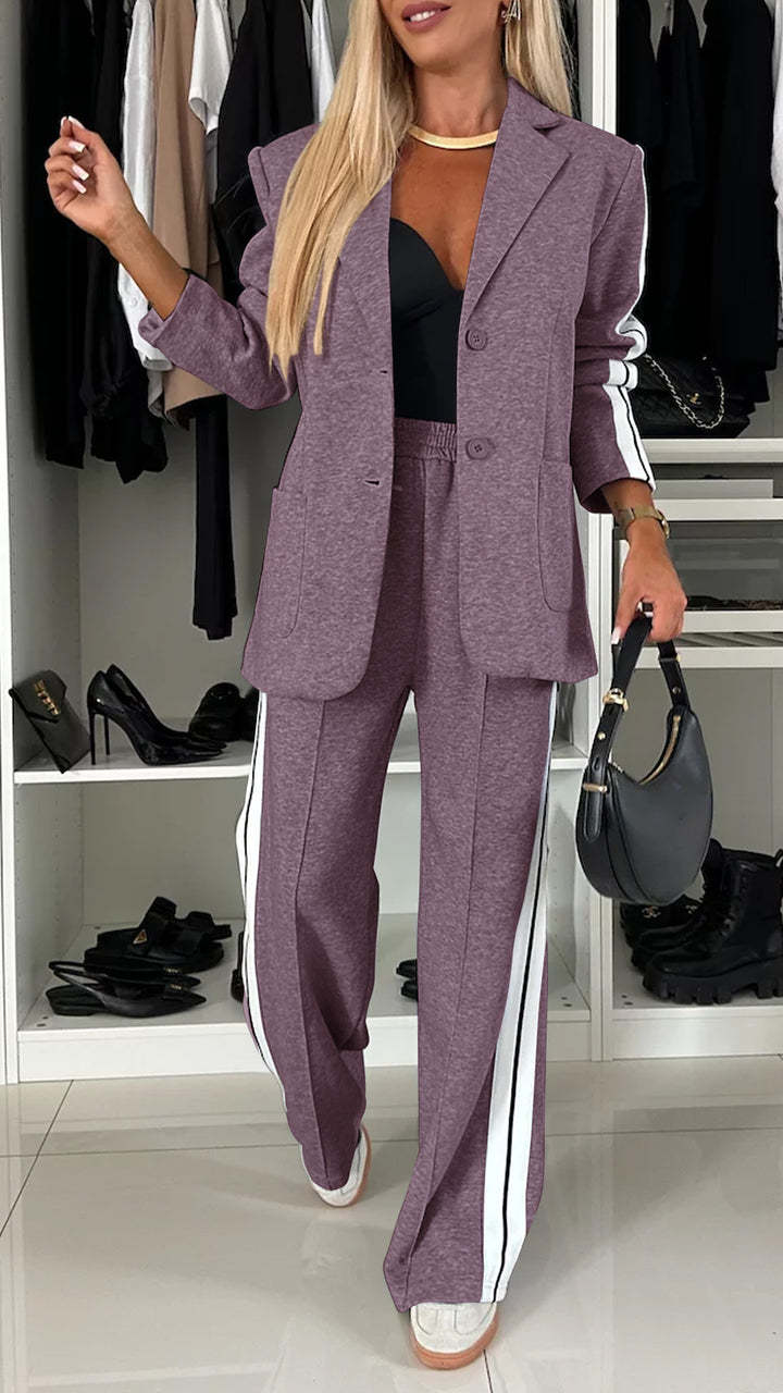 Women's Casual Suit Lapel Single-breasted Jacket And Striped Straight Pants Fashion Sports Trousers Suit Outerwears Clothing LadyShow.Store