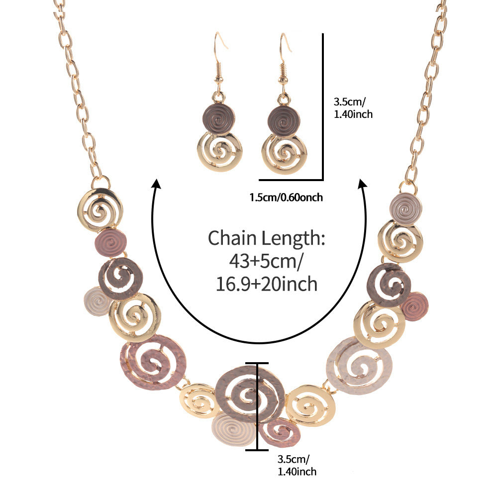 Zinc Alloy Geometric Round Spiral Color Oil Necklace Hollow Design Eardrop Set LadyShow.Store