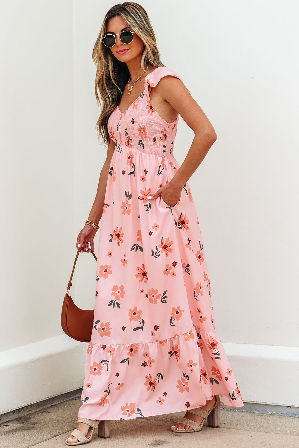 Clare Floral High Waist Ruffle Hem Long Dress Threaded Pear